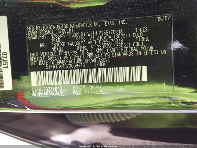 Aukcja sprzedaży 2007 Toyota Tundra Sr5 4.7l V8, vin: 5TFRT54187X009478, numer aukcji: 45448325