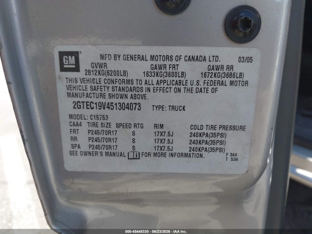 Aukcja sprzedaży 2005 Gmc Sierra 1500 Sle, vin: 2GTEC19V451304073, numer aukcji: 45448330