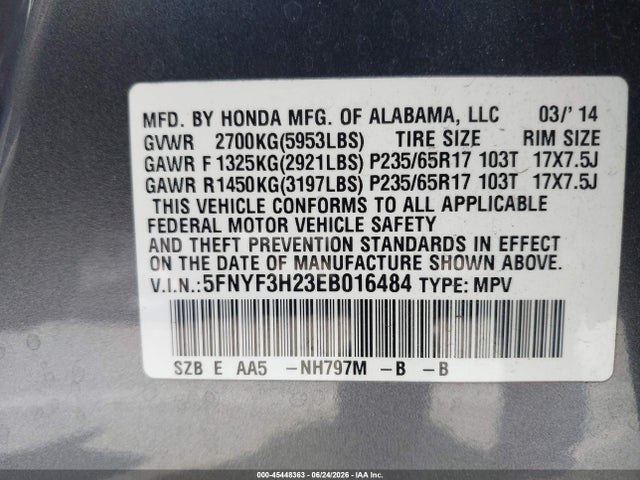 Aukcja sprzedaży 2014 Honda Pilot Lx, vin: 5FNYF3H23EB016484, numer aukcji: 45448363