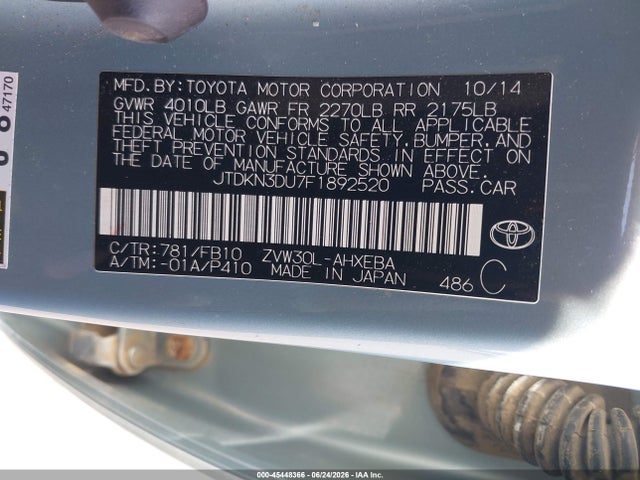 JTDKN3DU7F1892520 Toyota Prius Three