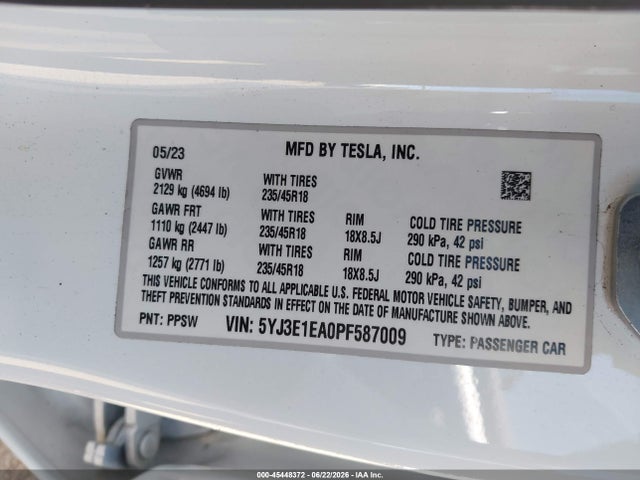 Aukcja sprzedaży 2023 Tesla Model 3 Rear-wheel Drive, vin: 5YJ3E1EA0PF587009, numer aukcji: 45448372