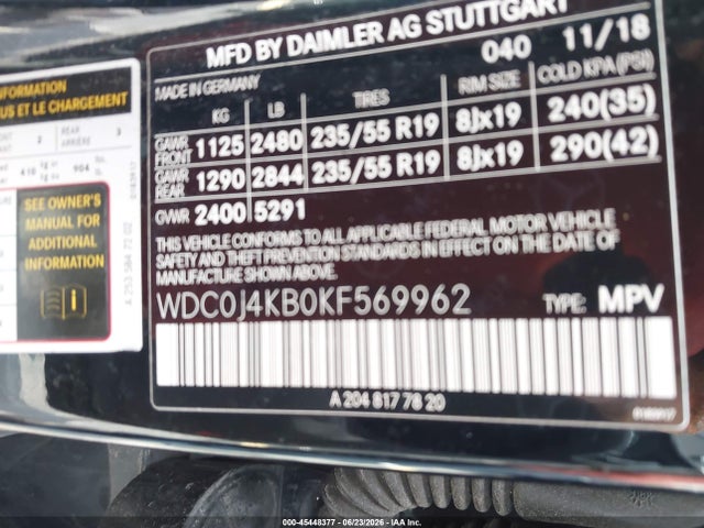 Продаж на аукціоні авто 2019 Mercedes-benz Glc 300 Coupe 4matic, vin: WDC0J4KB0KF569962, номер лоту: 45448377