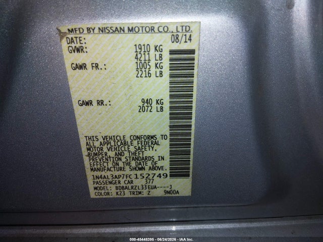 Nissan Altima 2.5 Sl 2015 1N4AL3AP7FC152749 Image 9