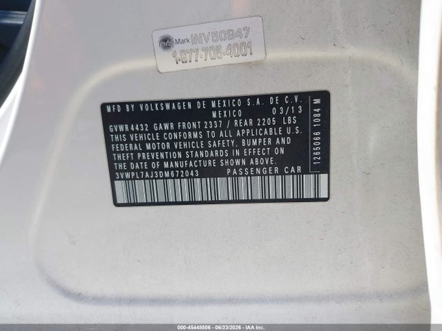 Auction sale of the 2013 Volkswagen Jetta Sportwagen 2.0l Tdi, vin: 3VWPL7AJ3DM672043, lot number: 45448506