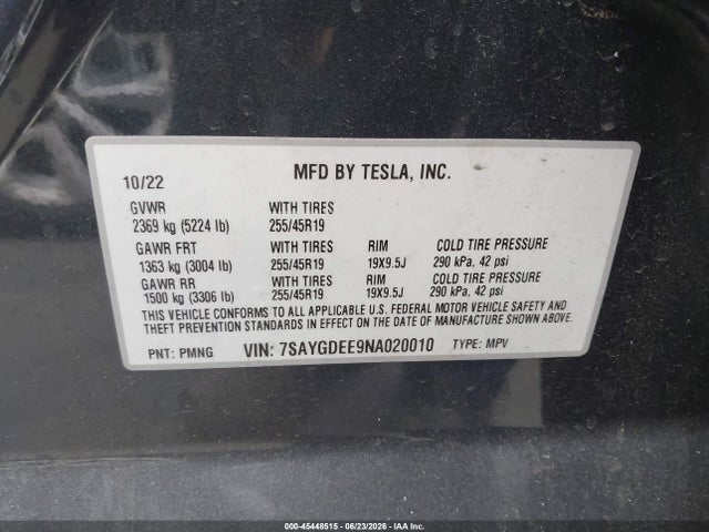2022 Tesla Model Y Long Range Dual Motor All-wheel Drive მანქანა იყიდება აუქციონზე, vin: 7SAYGDEE9NA020010, აუქციონის ნომერი: 45448515