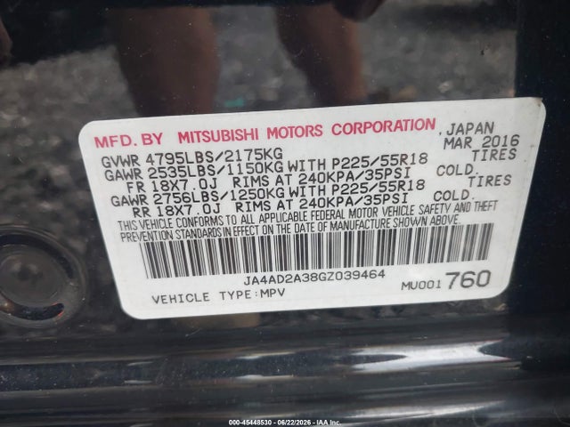 Aukcja sprzedaży 2016 Mitsubishi Outlander Es, vin: JA4AD2A38GZ039464, numer aukcji: 45448530