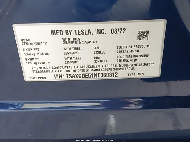 Продажа на аукционе авто 2022 Tesla Model X Dual Motor All-wheel Drive/plaid Tri Motor All-wheel Drive, vin: 7SAXCDE51NF360312, номер лота: 45448558