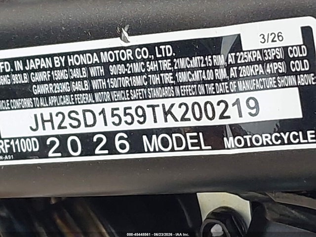 2026 Honda Crf1000 D მანქანა იყიდება აუქციონზე, vin: JH2SD1559TK200219, აუქციონის ნომერი: 45448561