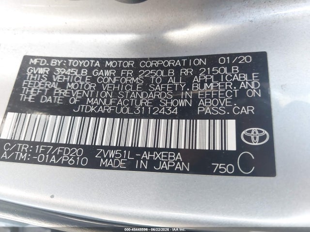 Toyota Prius Le 2020 JTDKARFU0L3112434 Image 9