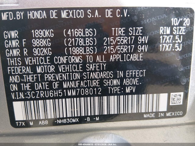 Продажа на аукционе авто 2021 Honda Hr-v Awd Ex, vin: 3CZRU6H51MM708012, номер лота: 45448618