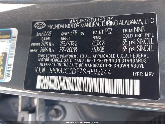 2025 Hyundai Tucson Sel Convenience მანქანა იყიდება აუქციონზე, vin: 5NMJC3DE7SH592244, აუქციონის ნომერი: 45448642