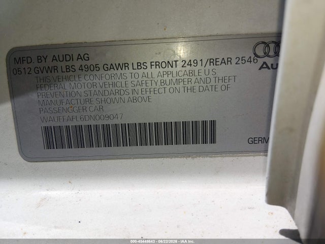 45448643 :رقم المزاد ، WAUFFAFL6DN009047 vin ، 2013 Audi A4 2.0t Premium مزاد بيع