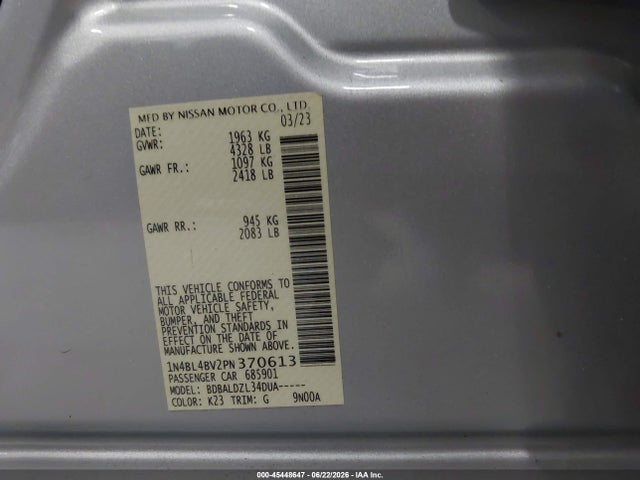 Auction sale of the 2023 Nissan Altima S Fwd, vin: 1N4BL4BV2PN370613, lot number: 45448647