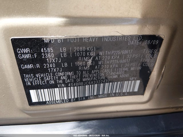 Продаж на аукціоні авто 2010 Subaru Outback 2.5i Limited, vin: 4S4BRBJC6A3322432, номер лоту: 45448665