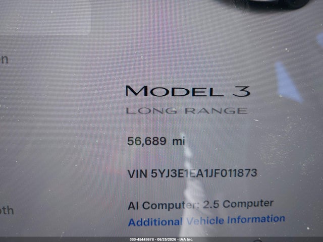 Продаж на аукціоні авто 2018 Tesla Model 3 Long Range/mid Range, vin: 5YJ3E1EA1JF011873, номер лоту: 45448678