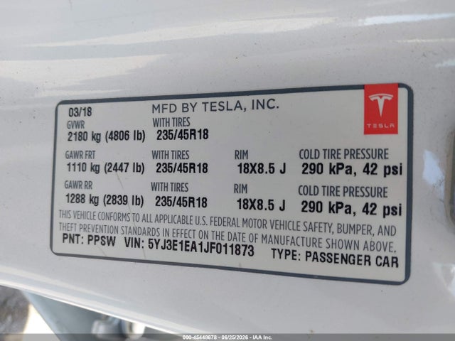 Продаж на аукціоні авто 2018 Tesla Model 3 Long Range/mid Range, vin: 5YJ3E1EA1JF011873, номер лоту: 45448678