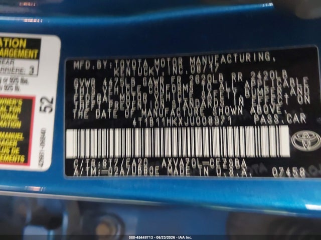 45448713 :رقم المزاد ، 4T1B11HKXJU008971 vin ، 2018 Toyota Camry Se مزاد بيع