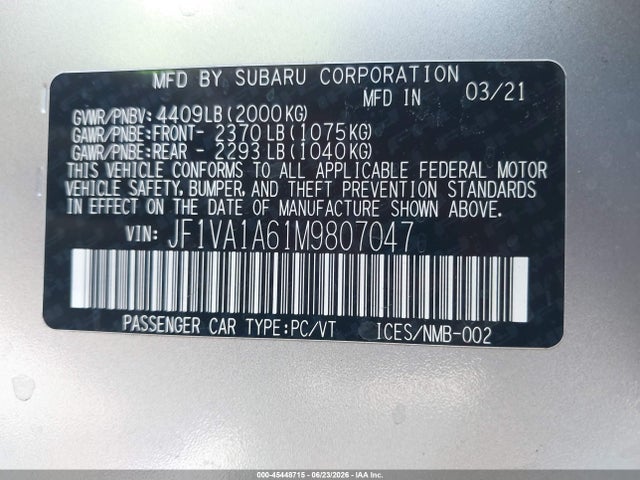 Продажа на аукционе авто 2021 Subaru Wrx, vin: JF1VA1A61M9807047, номер лота: 45448715