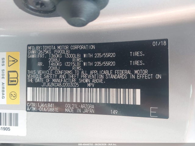 45448783 :رقم المزاد ، JTJGZKCA8J2003025 vin ، 2018 Lexus Rx 350l Premium مزاد بيع