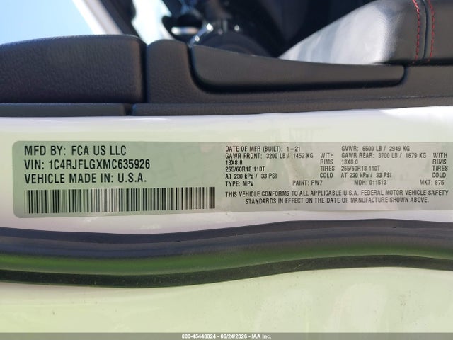 Продажа на аукционе авто 2021 Jeep Grand Cherokee Trailhawk 4x4, vin: 1C4RJFLGXMC635926, номер лота: 45448824