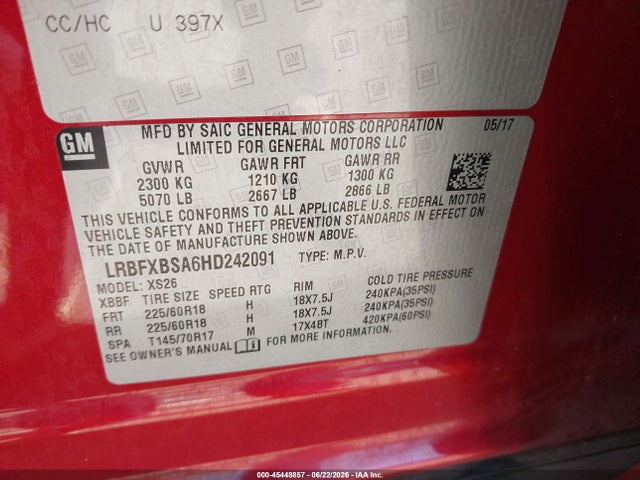 2017 Buick Envision Essence მანქანა იყიდება აუქციონზე, vin: LRBFXBSA6HD242091, აუქციონის ნომერი: 45448857