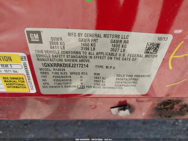 Aukcja sprzedaży 2014 Gmc Acadia Slt-1, vin: 1GKKRRKD5EJ217214, numer aukcji: 45448858
