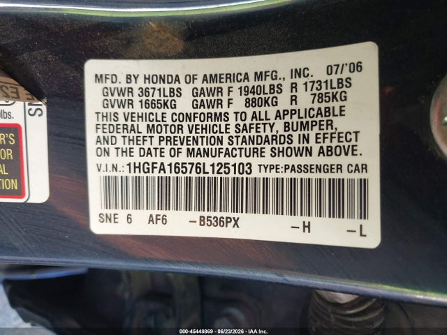 Продажа на аукционе авто 2006 Honda Civic Lx, vin: 1HGFA16576L125103, номер лота: 45448869