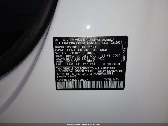 Aukcja sprzedaży 2021 Volkswagen Atlas 3.6l V6 Sel R-line, vin: 1V2SR2CA4MC568527, numer aukcji: 45448886