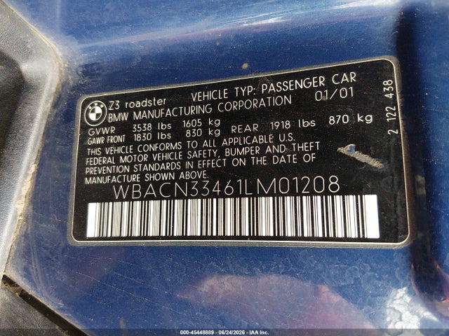 Продажа на аукционе авто 2001 Bmw Z3 2.5i, vin: WBACN33461LM01208, номер лота: 45448889