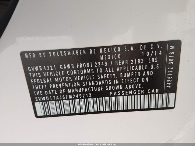 3VWD17AJ6FM249212 Volkswagen Jetta 1.8t Se