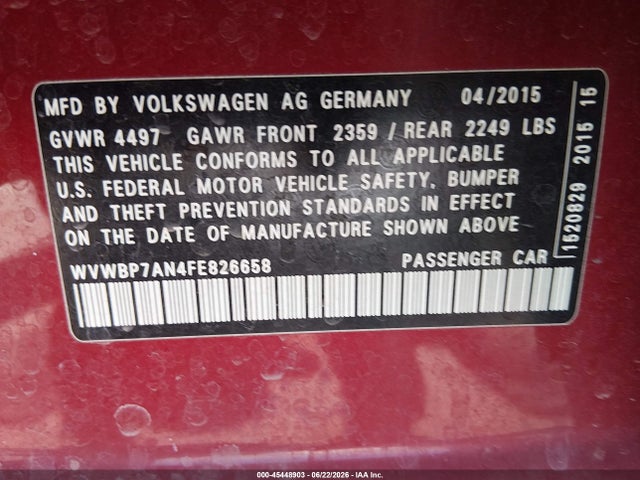 Volkswagen Cc 2.0t Sport 2015 WVWBP7AN4FE826658 Image 9