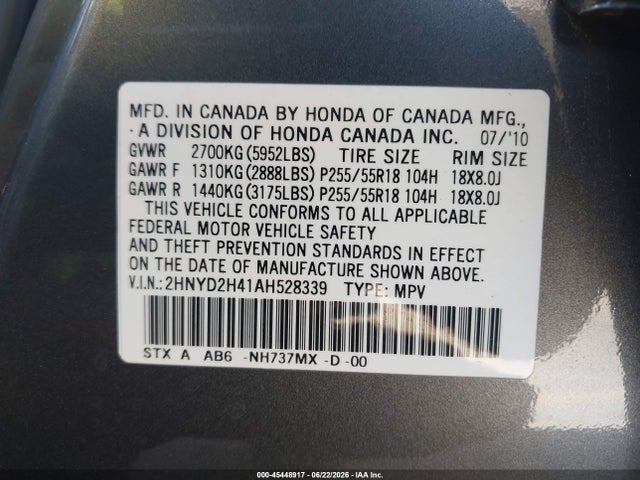 Aukcja sprzedaży 2010 Acura Mdx Technology Package, vin: 2HNYD2H41AH528339, numer aukcji: 45448917