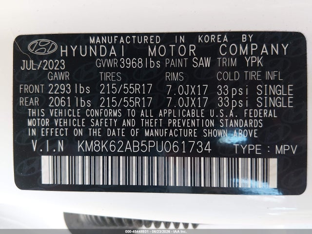 45448931 :رقم المزاد ، KM8K62AB5PU061734 vin ، 2023 Hyundai Kona Sel مزاد بيع