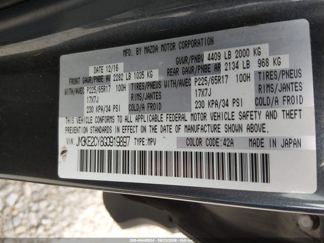 45448934 :رقم المزاد ، JM3KE2CY8G0919897 vin ، 2016 Mazda Cx-5 Touring مزاد بيع