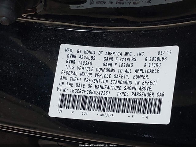 Honda ACCORD LX 2017 1HGCR2F36HA242251 Image 9