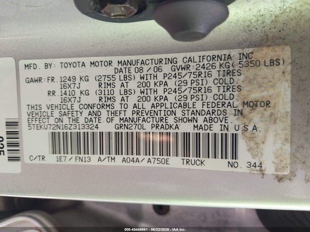 2006 Toyota Tacoma Prerunner V6 მანქანა იყიდება აუქციონზე, vin: 5TEKU72N16Z313324, აუქციონის ნომერი: 45448961