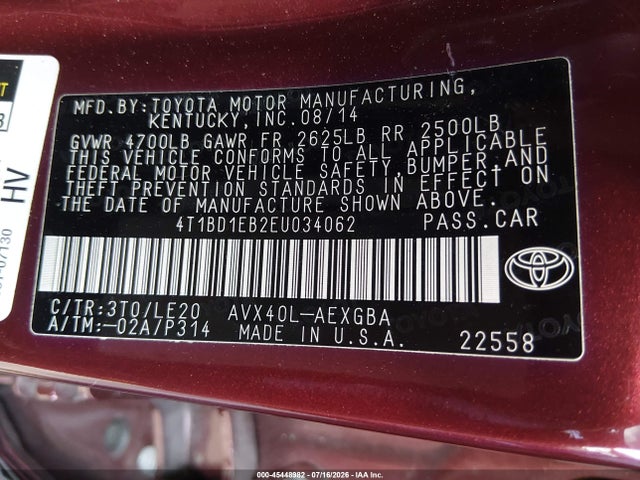 4T1BD1EB2EU034062 Toyota Avalon Hybrid Xle Touring