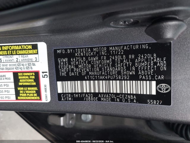 4T1C11AK4PU758292 Toyota CAMRY LE