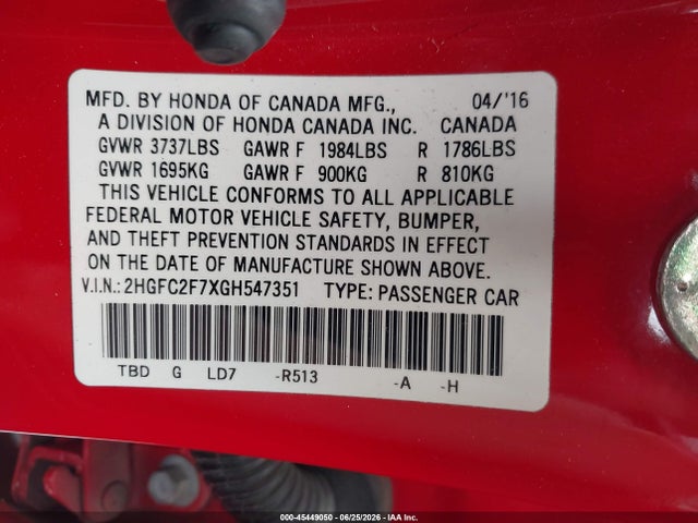 Honda CIVIC EX 2016 2HGFC2F7XGH547351 Image 9