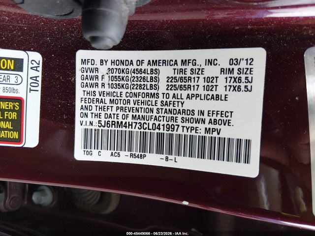 45449066 :رقم المزاد ، 5J6RM4H73CL041997 vin ، 2012 Honda Cr-v Ex-l مزاد بيع