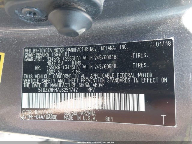 Toyota Highlander Le Plus 2018 5TDZZRFH7JS251742 Image 9