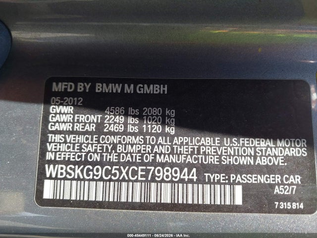 Продажа на аукционе авто 2012 Bmw M3, vin: WBSKG9C5XCE798944, номер лота: 45449111