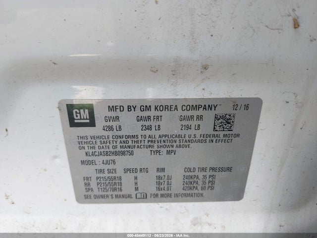 Aukcja sprzedaży 2017 Buick Encore Preferred, vin: KL4CJASB2HB098750, numer aukcji: 45449112