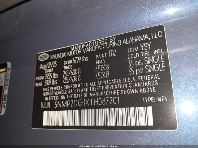 5NMP2DG1XTH087201 Hyundai Santa Fe Hybrid Sel