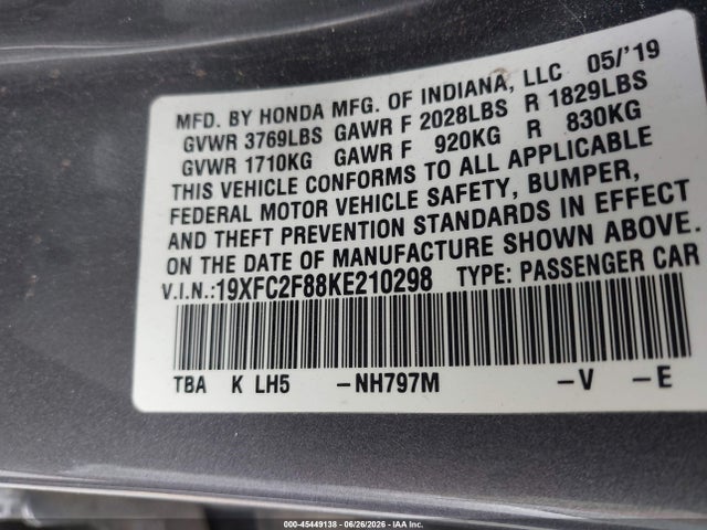 45449138 :رقم المزاد ، 19XFC2F88KE210298 vin ، 2019 Honda Civic Sport مزاد بيع