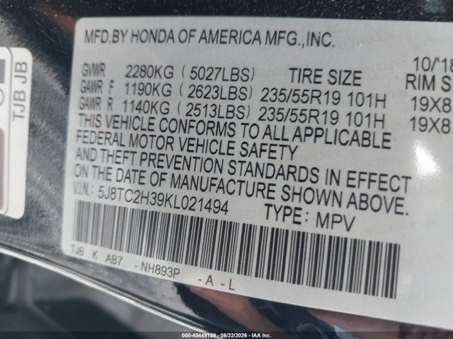 45449139 :رقم المزاد ، 5J8TC2H39KL021494 vin ، 2019 Acura Rdx Standard مزاد بيع