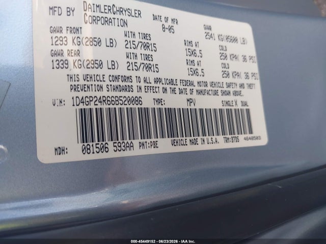 Продажа на аукционе авто 2006 Dodge Grand Caravan Se, vin: 1D4GP24R66B520086, номер лота: 45449152