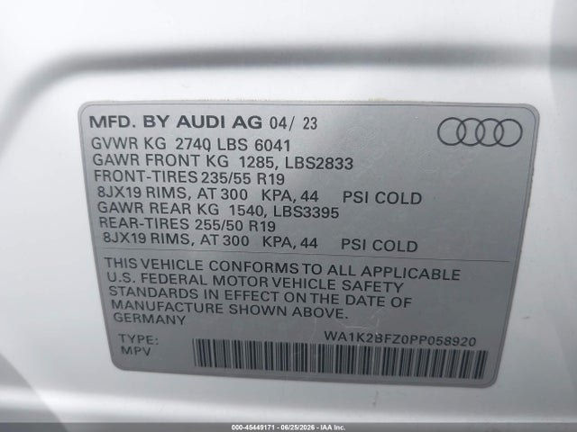 Продажа на аукционе авто 2023 Audi Q4 E-tron Premium 50 Quattro, vin: WA1K2BFZ0PP058920, номер лота: 45449171