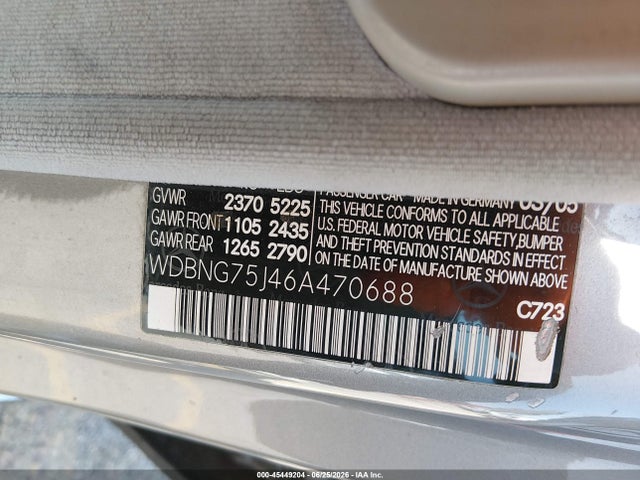Aukcja sprzedaży 2006 Mercedes-benz S 500, vin: WDBNG75J46A470688, numer aukcji: 45449204