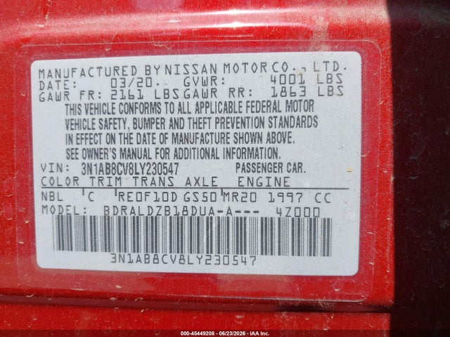 Продаж на аукціоні авто 2020 Nissan Sentra Sv Xtronic Cvt, vin: 3N1AB8CV8LY230547, номер лоту: 45449208